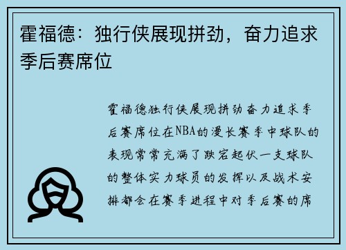 霍福德：独行侠展现拼劲，奋力追求季后赛席位